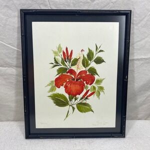 Jenny Dunn 1986 Bahamas Hibiscus Watercolor Painting Framed Faux Bamboo 11x14